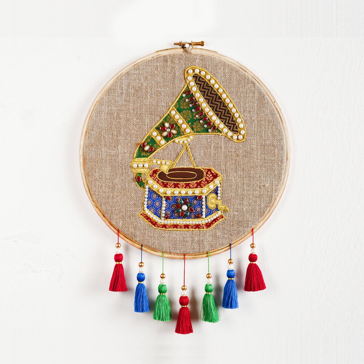 GRAMOPHONE Vintage Musical instrument wall art, embroidery and applique in hoop OR wooden frame