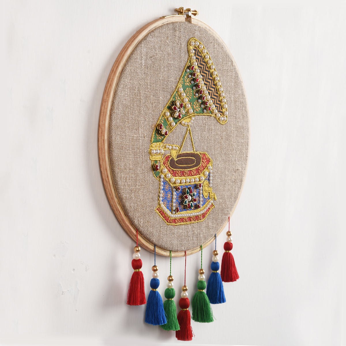 GRAMOPHONE Vintage Musical instrument wall art, embroidery and applique in hoop OR wooden frame