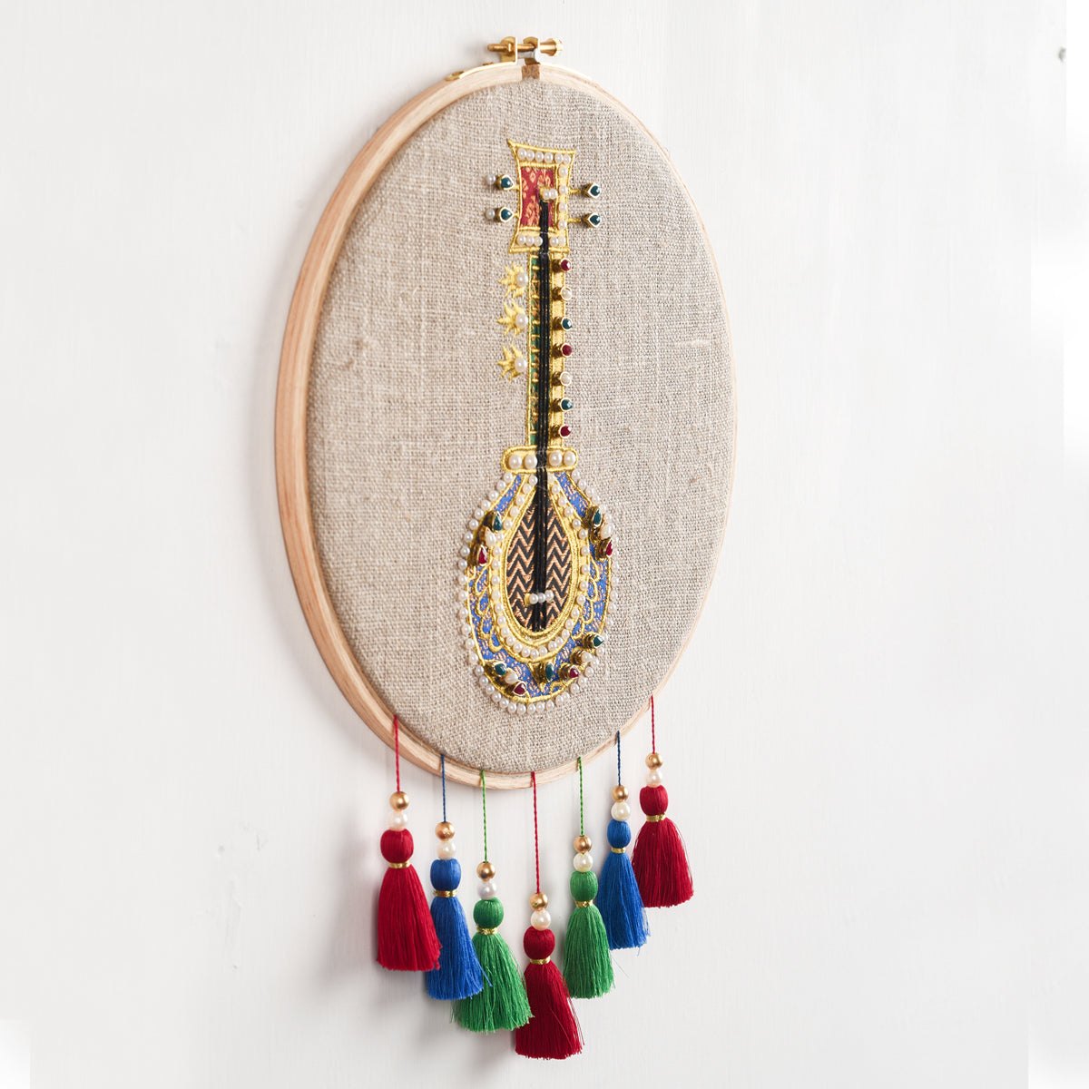 SITAR Musical instrument wall art, embroidery and applique in hoop OR wooden frame