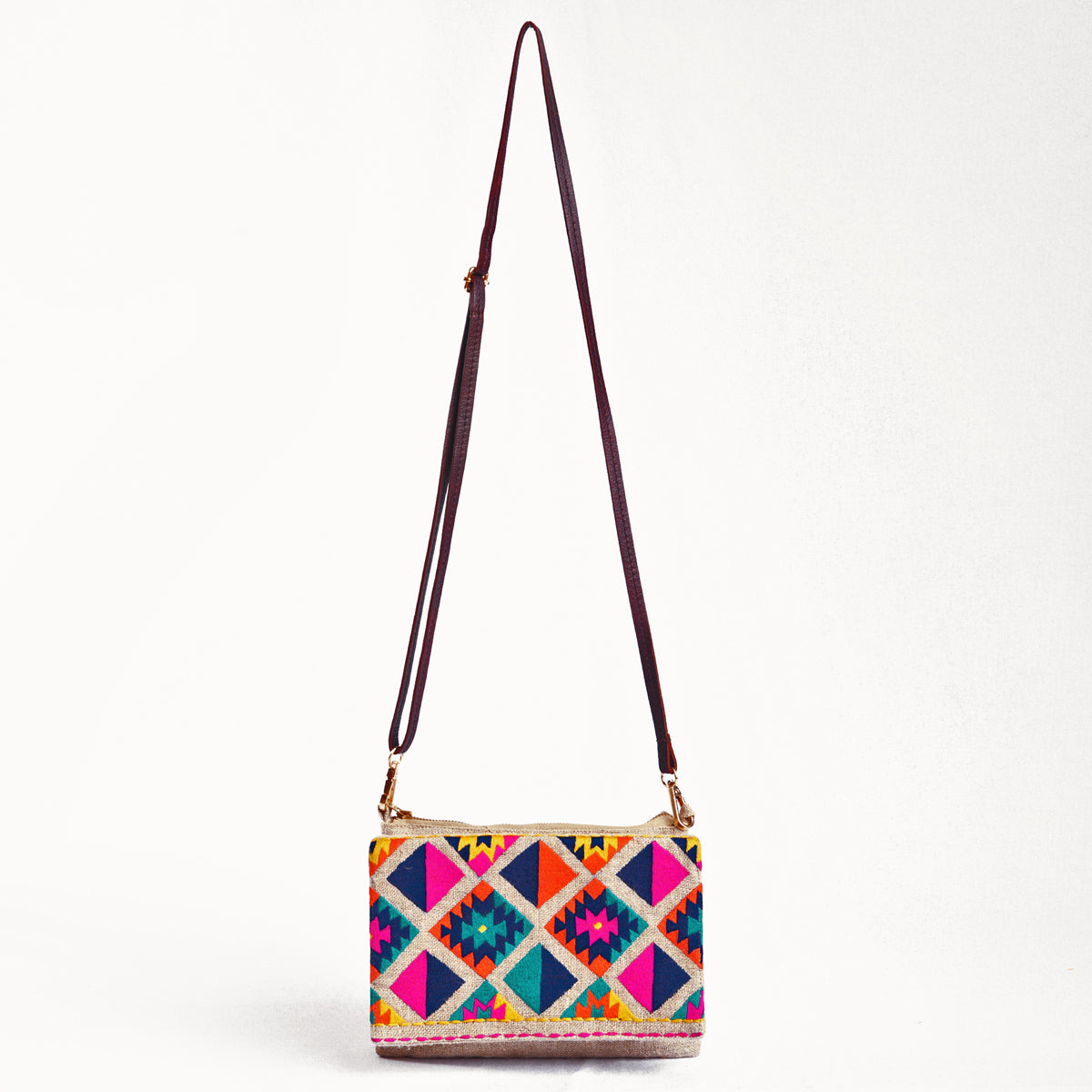 Boho Sling bag, Linen fabric with kilim embroidery