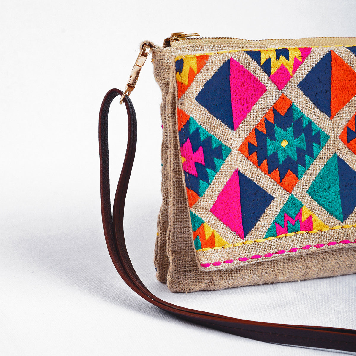 Boho Sling bag, Linen fabric with kilim embroidery