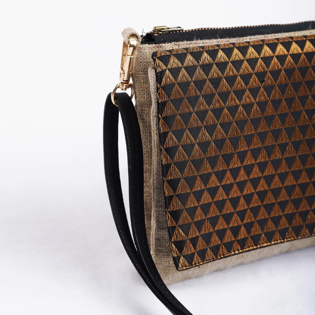Sling bag, Brocade with pure Linen and pure leather handles