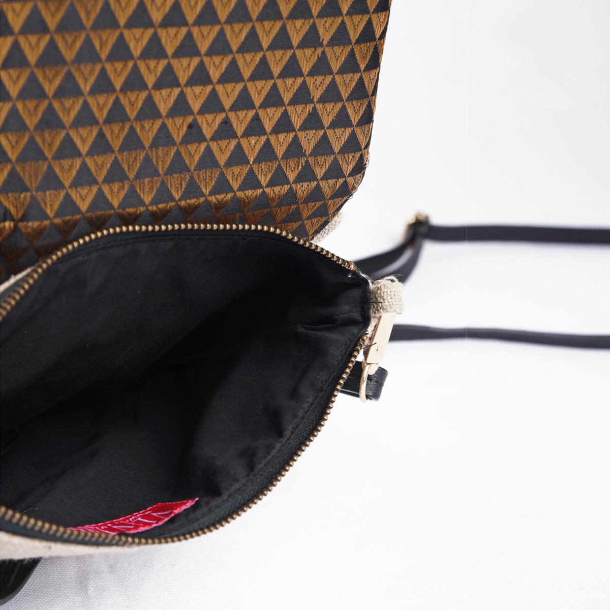 Sling bag, Brocade with pure Linen and pure leather handles