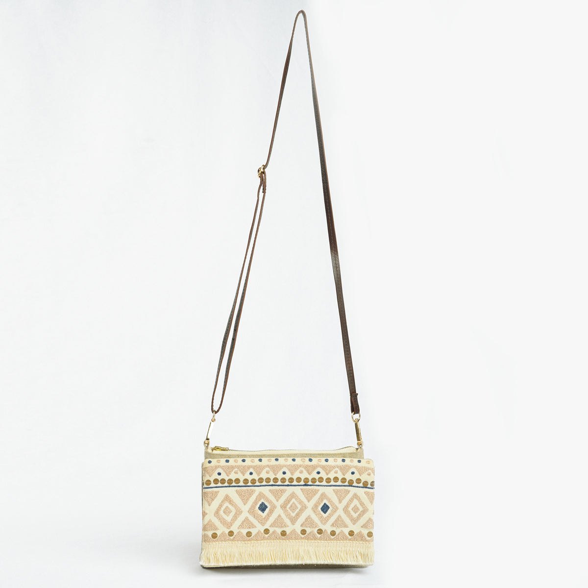 Boho Sling bag, Linen & off white, embroidered with fringe