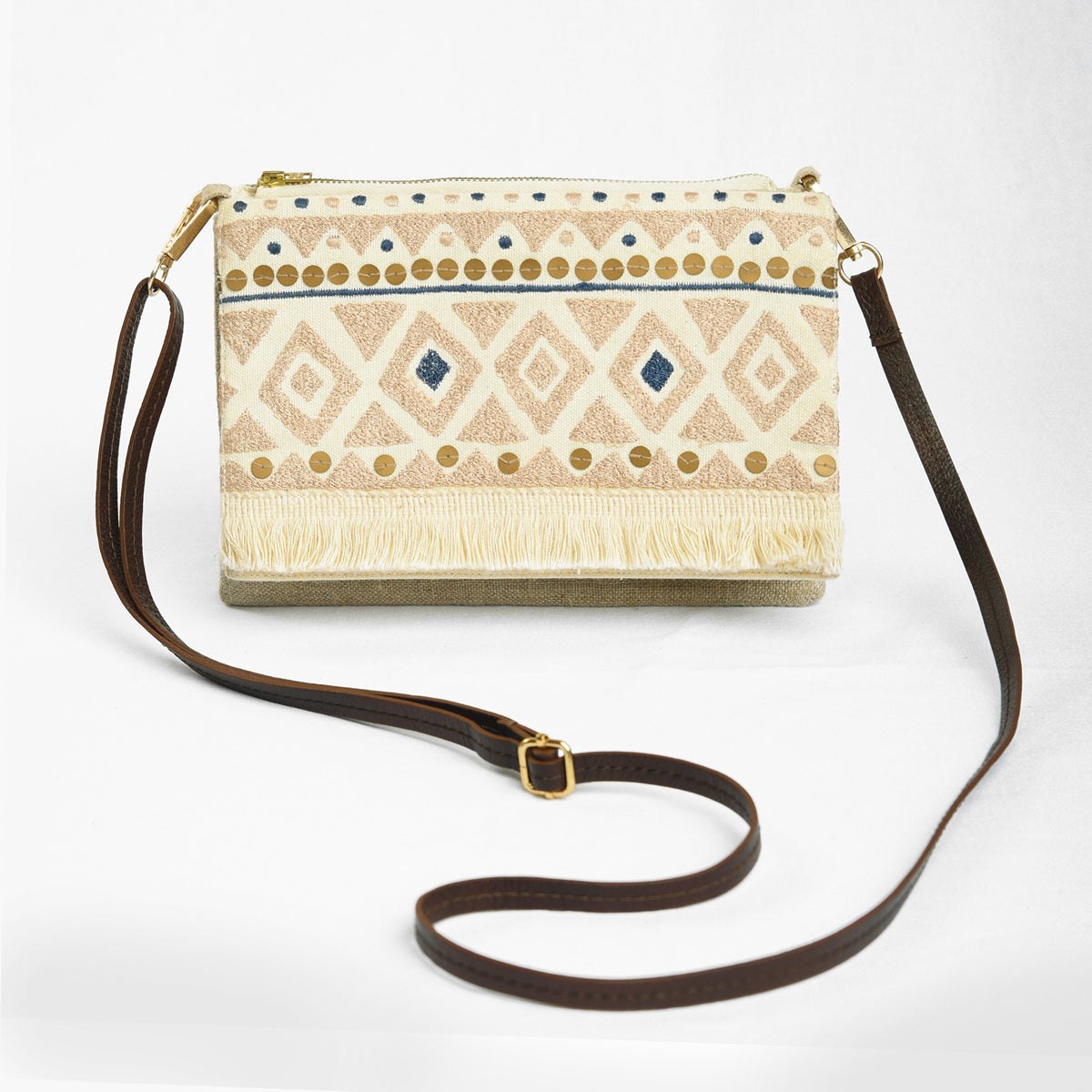 Boho Sling bag, Linen & off white, embroidered with fringe