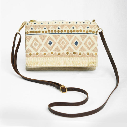 Boho Sling bag, Linen & off white, embroidered with fringe