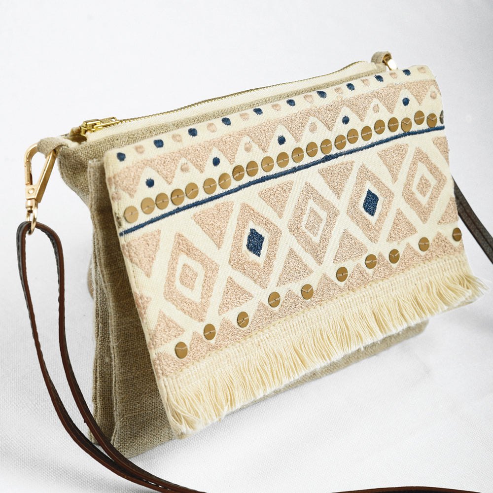 Boho Sling bag, Linen & off white, embroidered with fringe
