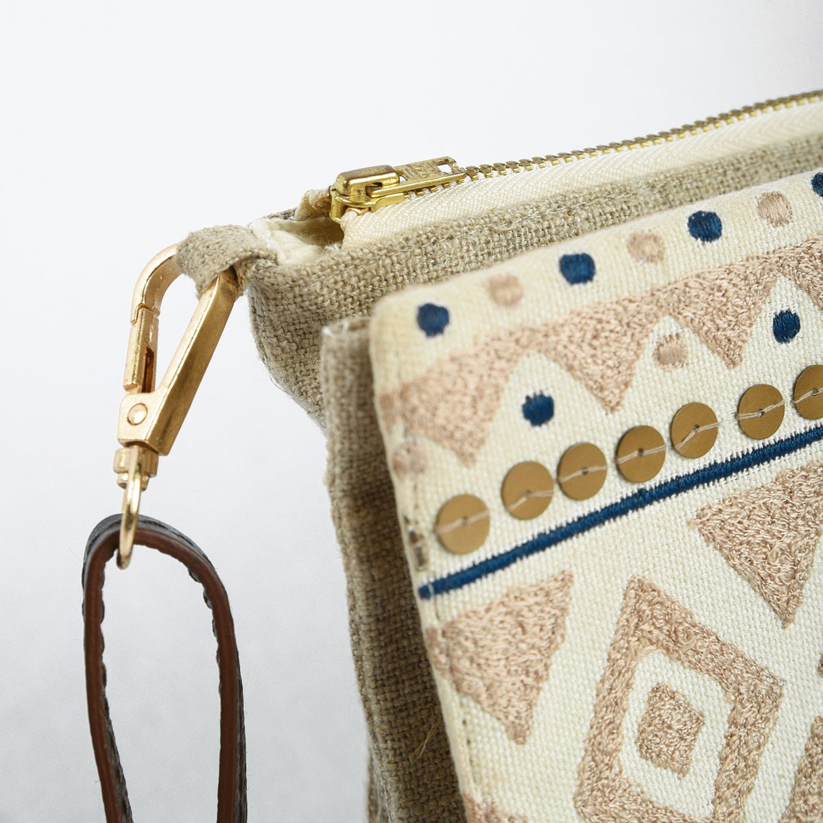 Boho Sling bag, Linen & off white, embroidered with fringe