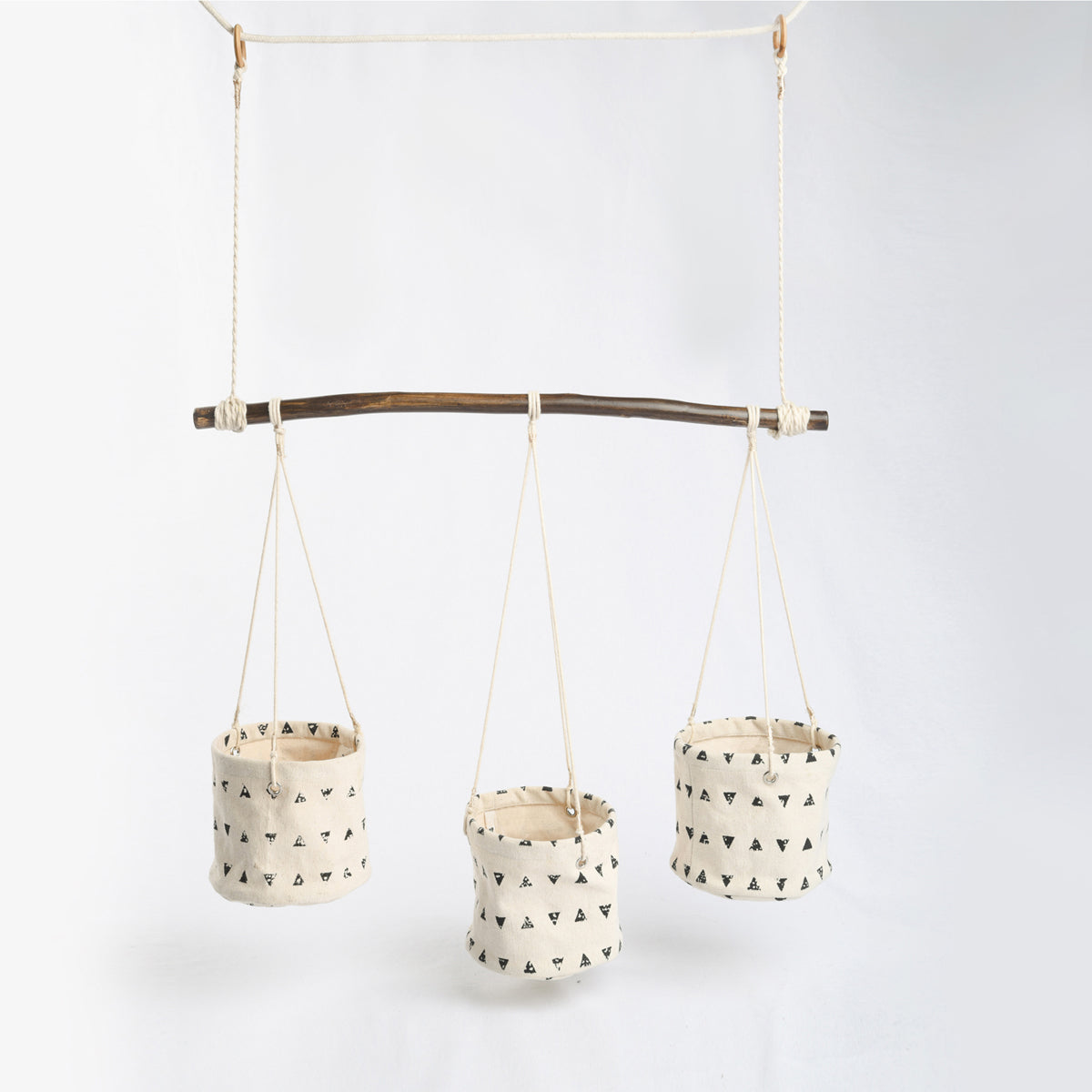 Canvas plant hanger, set of 3 baskets, triangle print, black and white, cotton canvas fabric