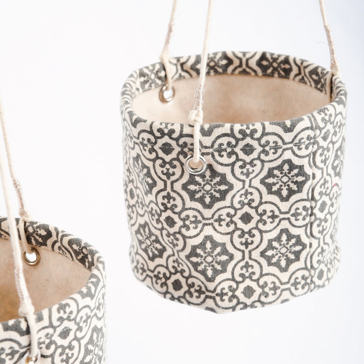 Canvas plant hanger, set of 3 baskets, tile print, black and white, cotton canvas fabric