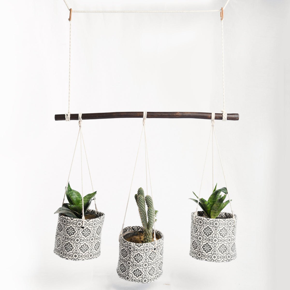 Canvas plant hanger, set of 3 baskets, tile print, black and white, cotton canvas fabric