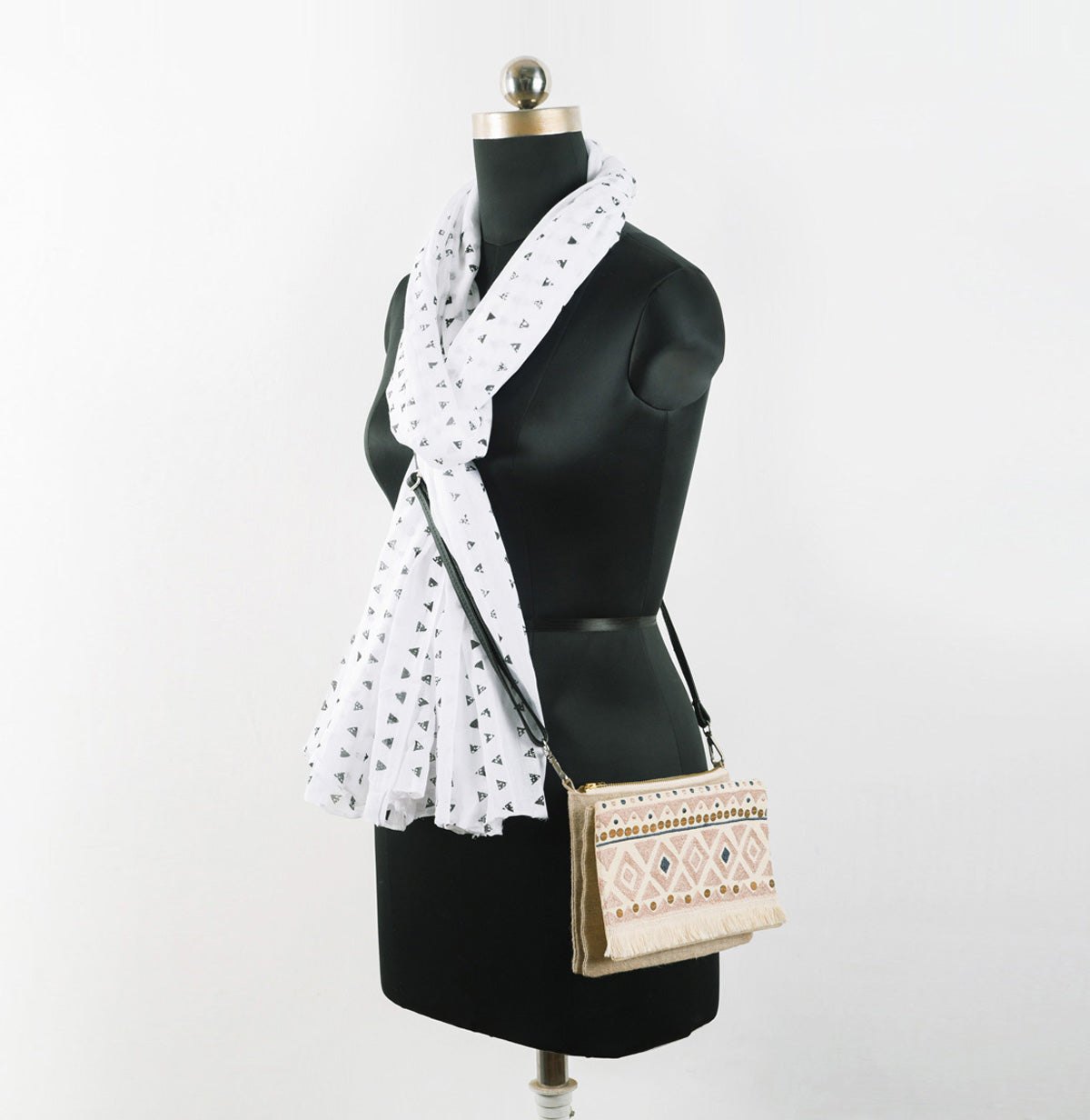 Boho Sling bag, Linen & off white, embroidered with fringe