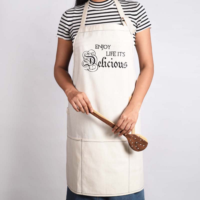 Off white, cotton apron, embroidered, kitchen, housewarming gift, size 27"X 30"