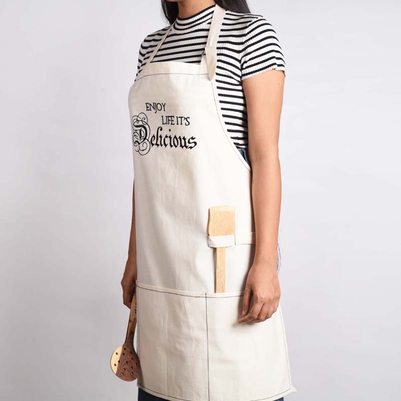 Off white, cotton apron, embroidered, kitchen, housewarming gift, size 27"X 30"