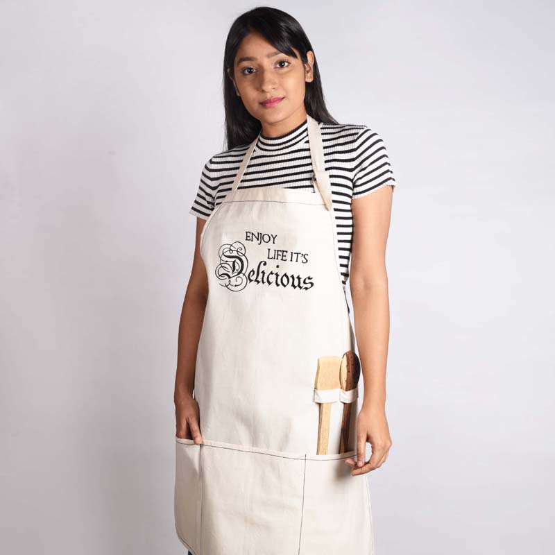 Off white, cotton apron, embroidered, kitchen, housewarming gift, size 27"X 30"