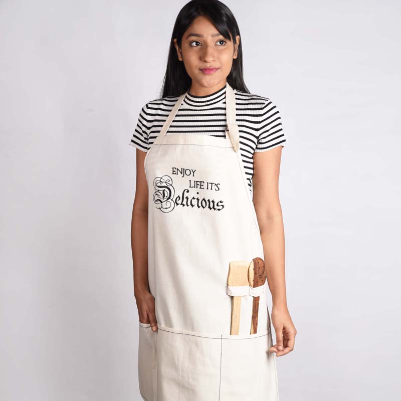 Off white, cotton apron, embroidered, kitchen, housewarming gift, size 27"X 30"