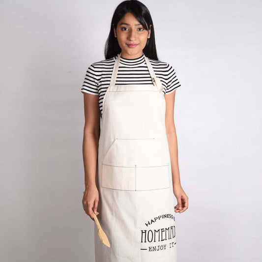 Off white, cotton apron, embroidered, kitchen apron