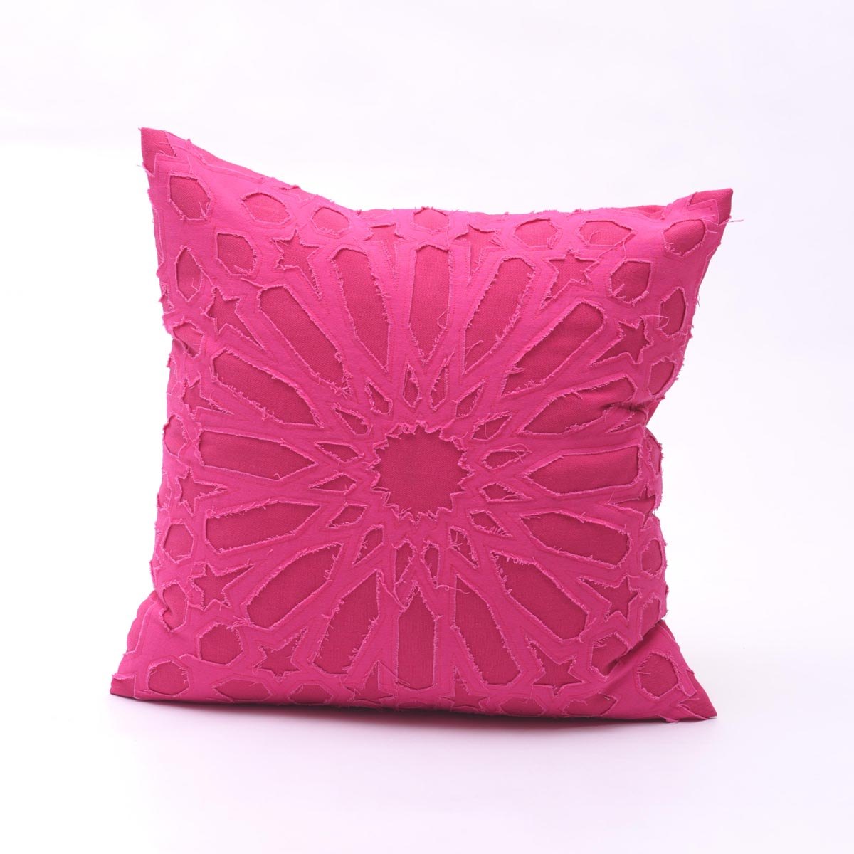Fuschia cotton pillow cover, geometric, arabesque, applique, bright pink cushion, 16X16 inches