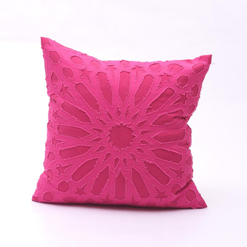 Fuschia cotton pillow cover, geometric, arabesque, applique, bright pink cushion, 16X16 inches