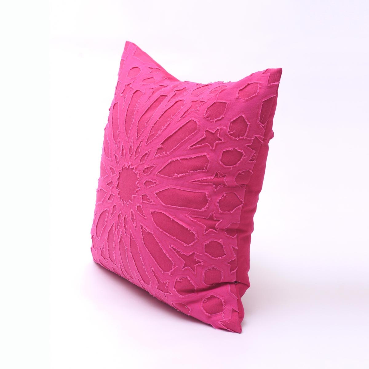 Fuschia cotton pillow cover, geometric, arabesque, applique, bright pink cushion, 16X16 inches