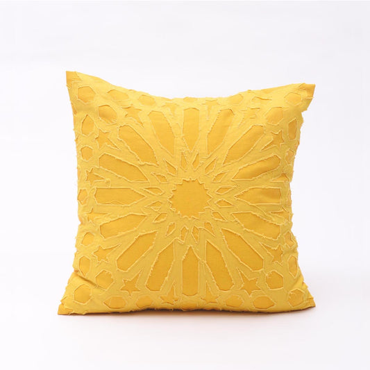 Yellow cotton pillow cover, geometric, arabesque, applique cushion