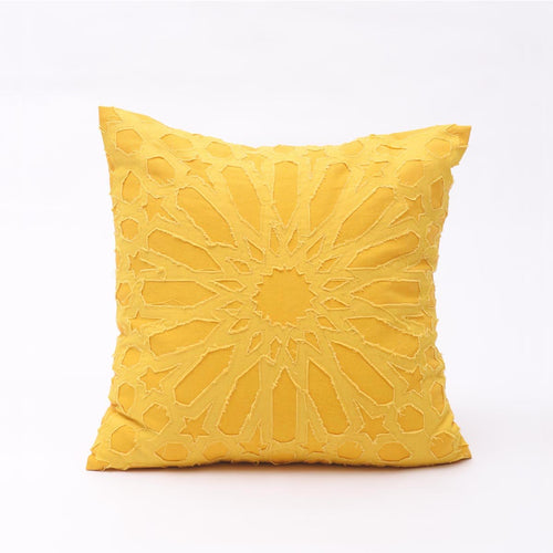 Yellow cotton pillow cover, geometric, arabesque, applique cushion