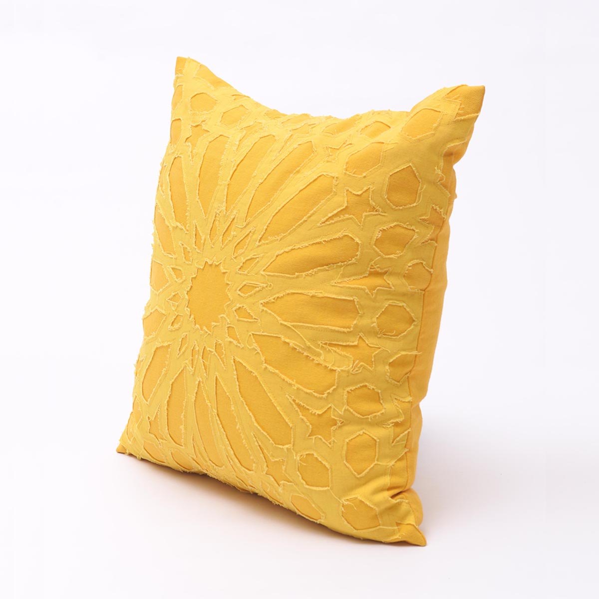 Yellow cotton pillow cover, geometric, arabesque, applique cushion