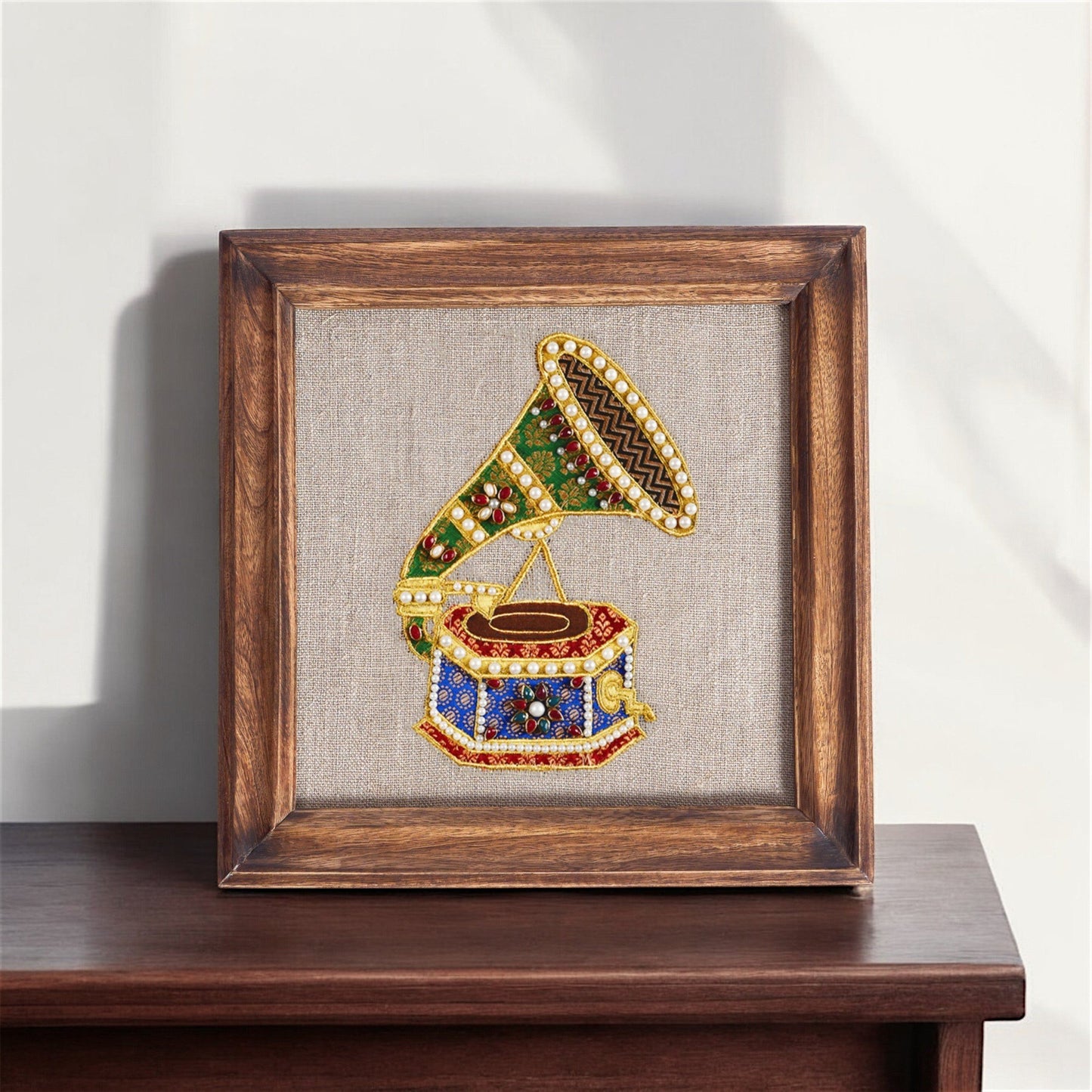 GRAMOPHONE Vintage Musical instrument wall art, embroidery and applique in hoop OR wooden frame