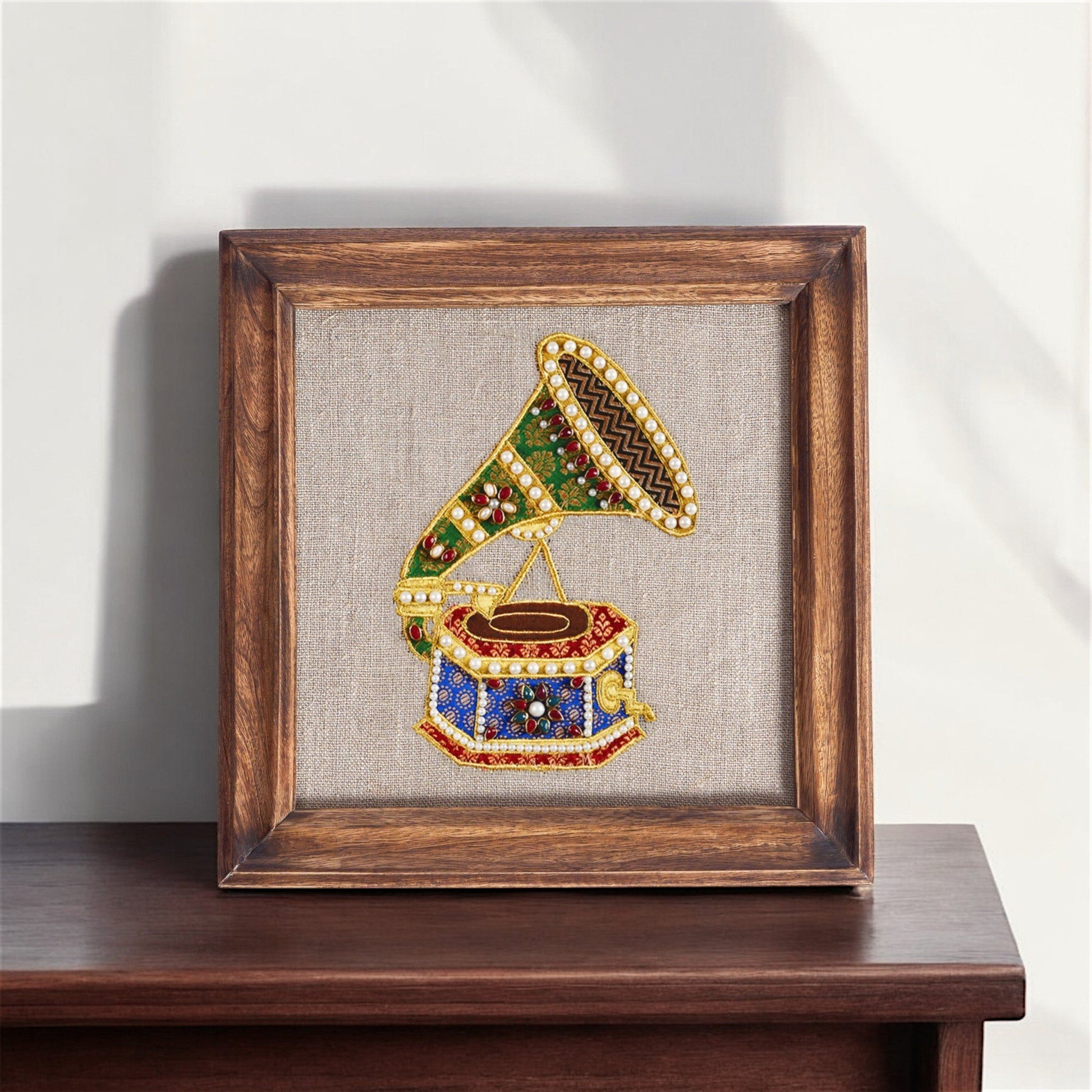 GRAMOPHONE Vintage Musical instrument wall art, embroidery and applique in hoop OR wooden frame