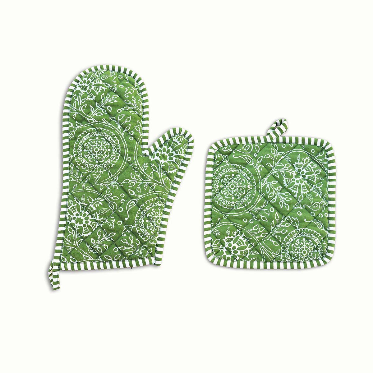 Green oven mitt, quilted glove, kalamkari print, kitchen accessory, 100% cotton