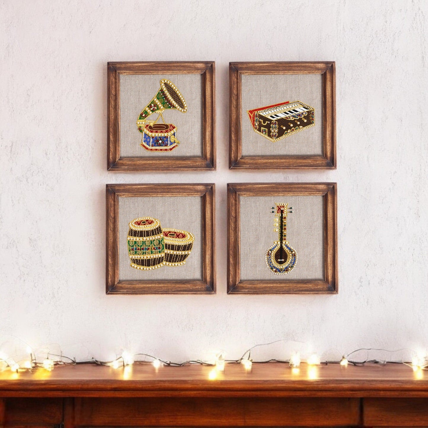 TABLA Musical instrument wall art, embroidery and applique in hoop OR wooden frame