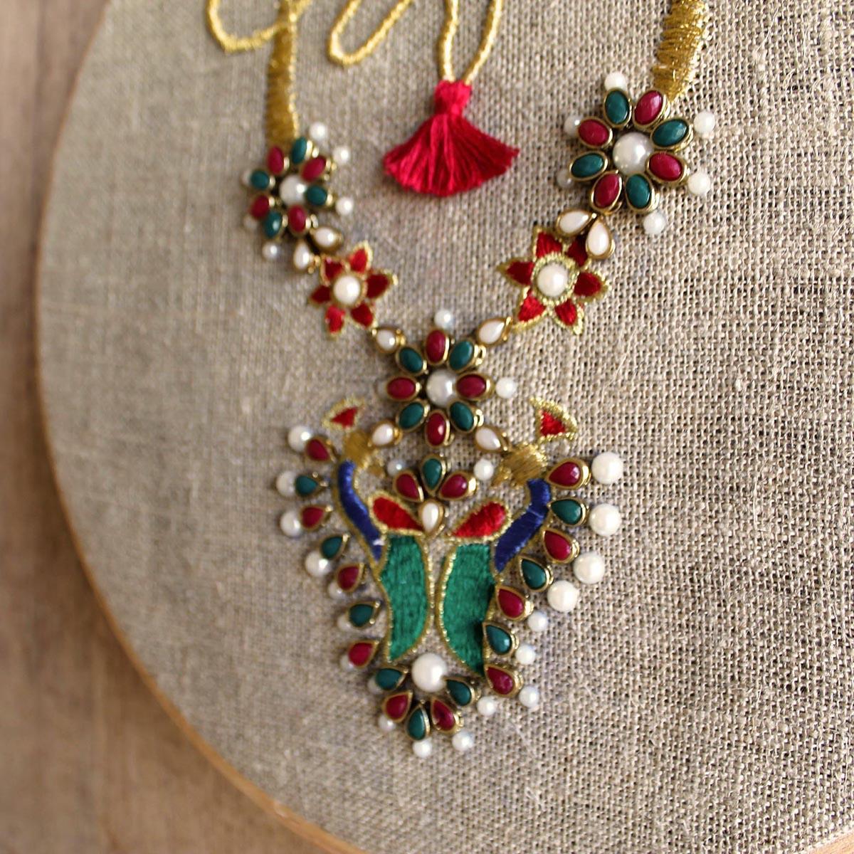 Necklace Hoop art, Indian Jewellery embroidery, linen with colors, wall decor, size 10"