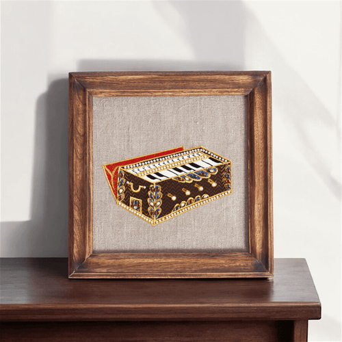 HARMONIUM Musical instrument wall art, embroidery and applique in hoop OR teak wooden frame