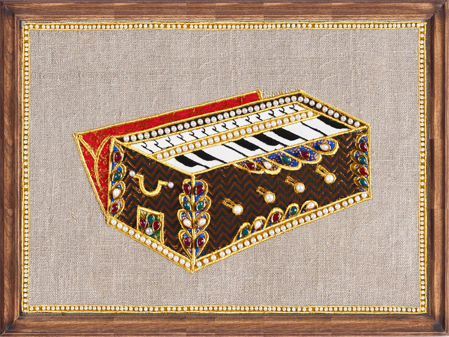 HARMONIUM Musical instrument wall art, embroidery and applique in hoop OR teak wooden frame - Vliving
