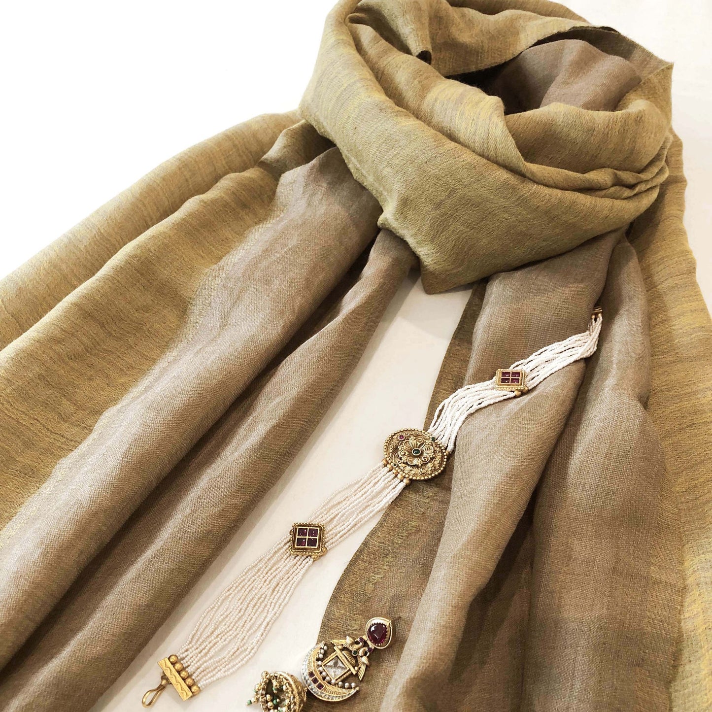 Mustard yellow and gold fine wool and zari scarf, reversible stole