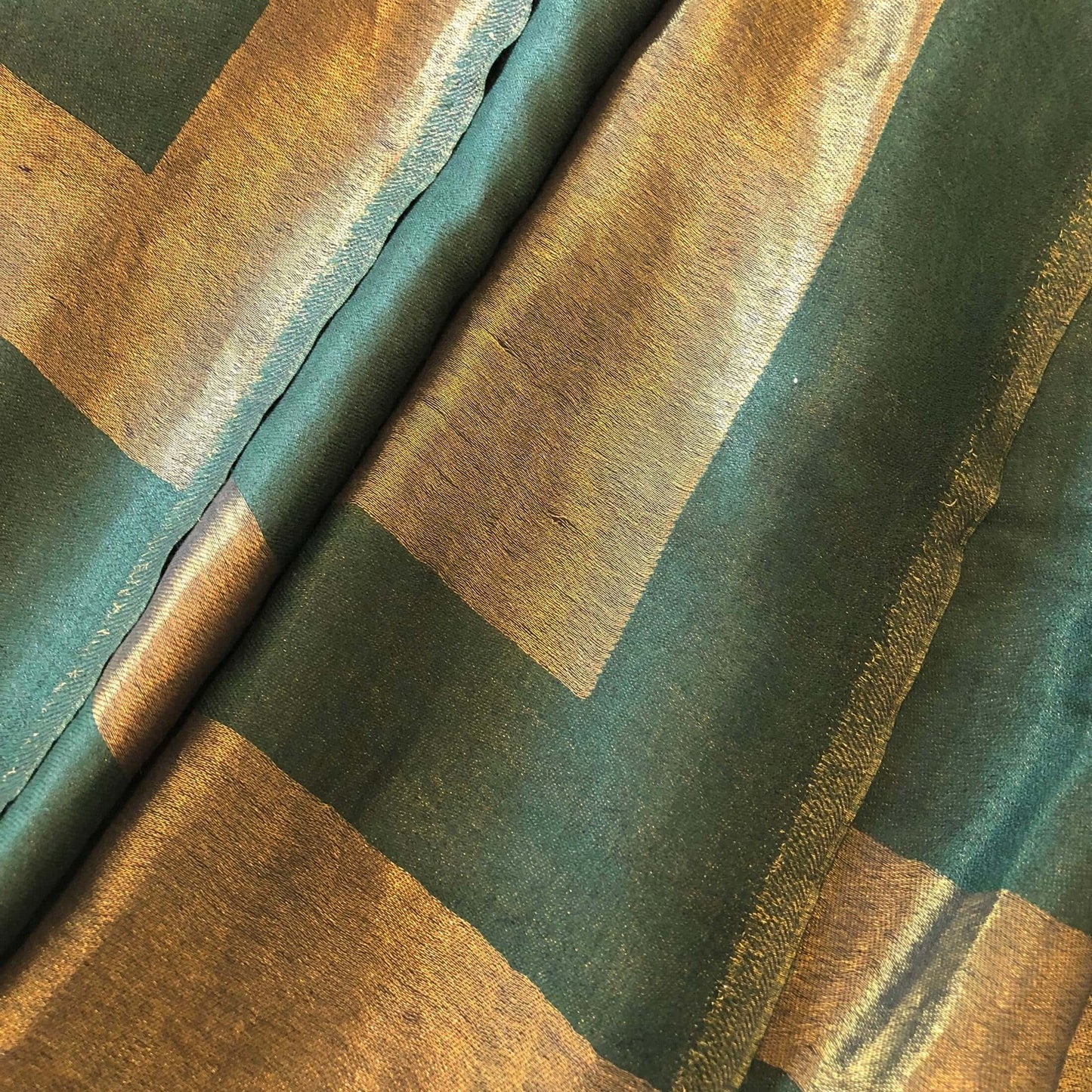 Green fine wool scarf with gold zari border, reversible autumn winter stole