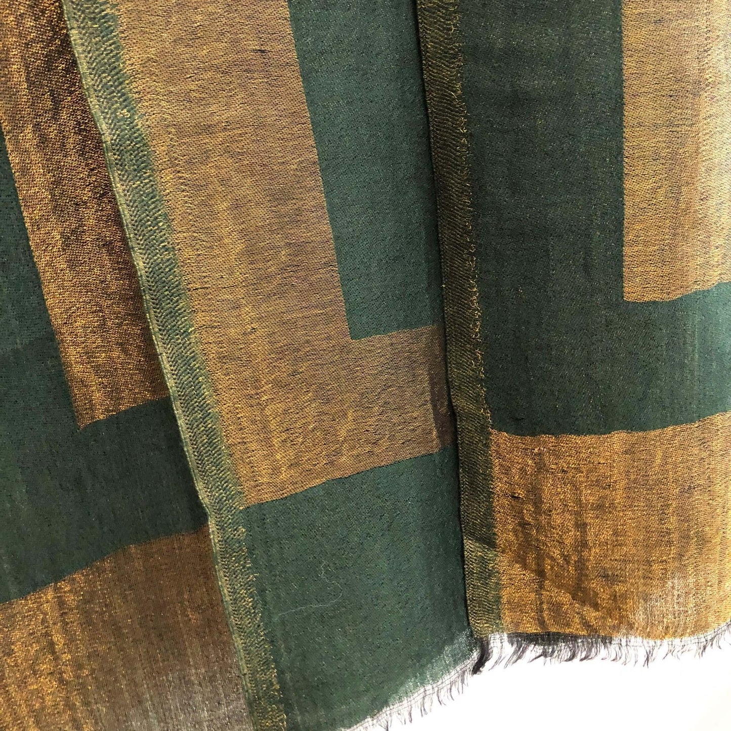 Green fine wool scarf with gold zari border, reversible autumn winter stole