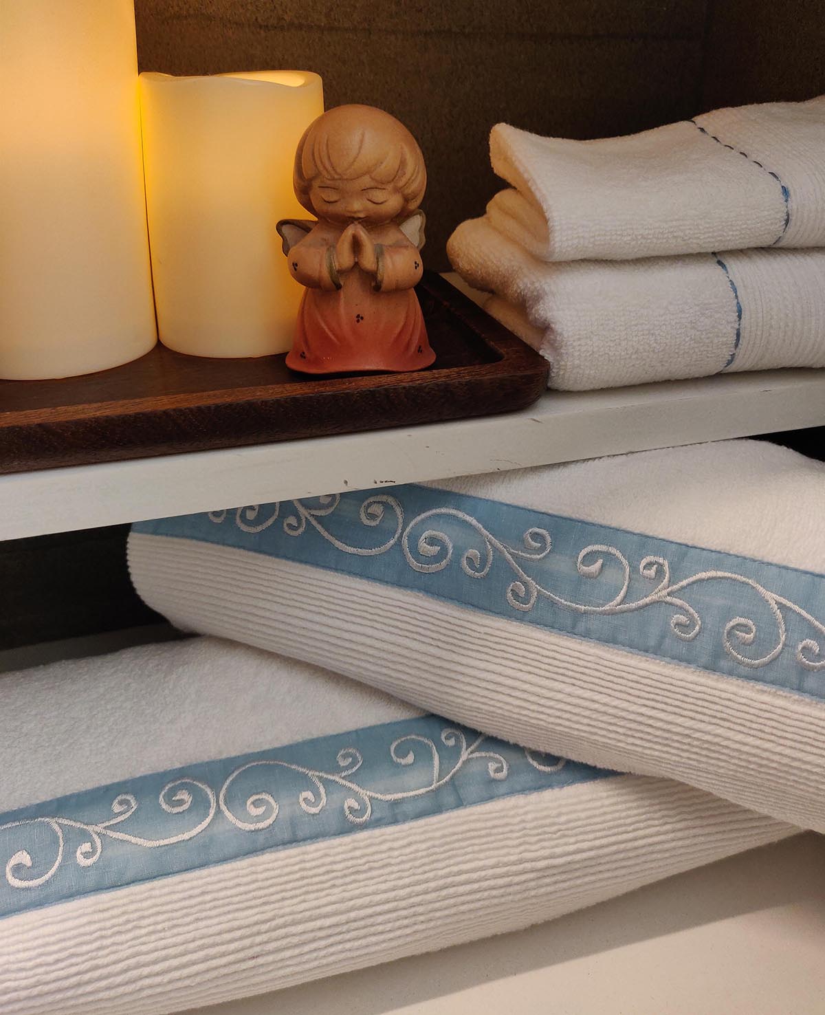 Swirl Embroidery white organic cotton Bath towels, sizes available