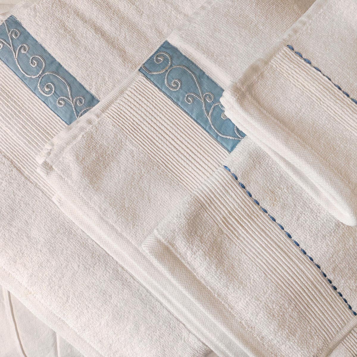 Swirl Embroidery white organic cotton Bath towels, sizes available