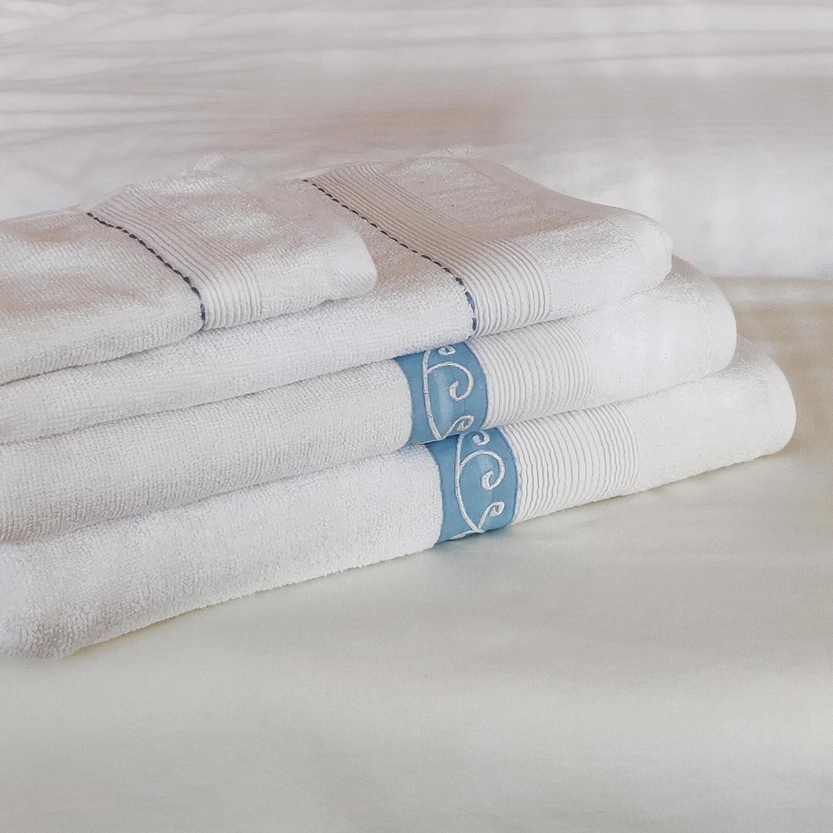 Swirl Embroidery white organic cotton Bath towels, sizes available