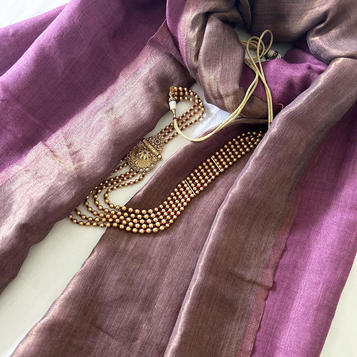 Dark Pink and gold fine wool and zari scarf, reversible stole