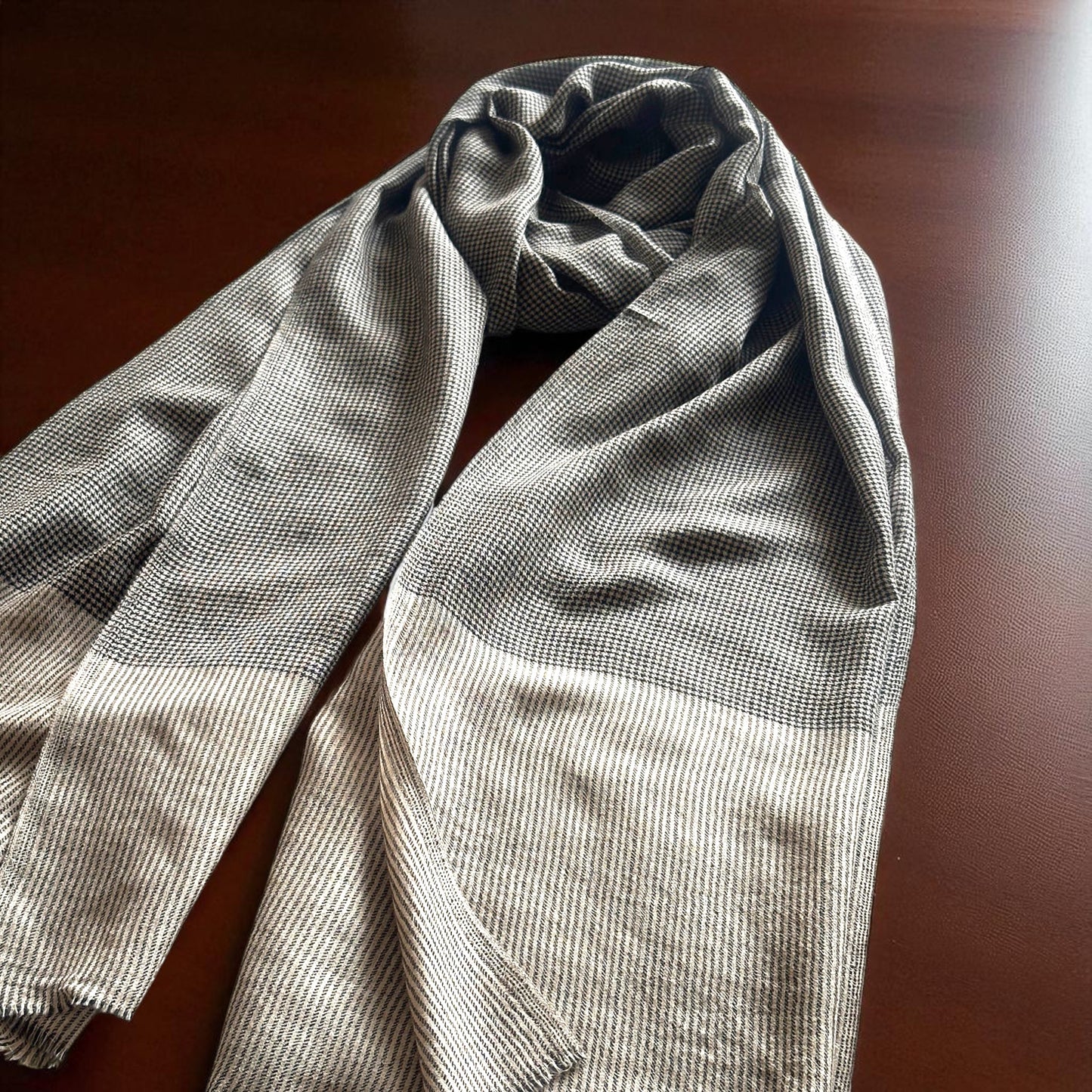 CHECK fine wool blend scarf for men, beige and black colour, reversible, gift for men