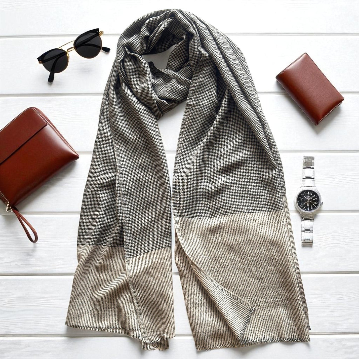 CHECK fine wool blend scarf for men, beige and black colour, reversible, gift for men