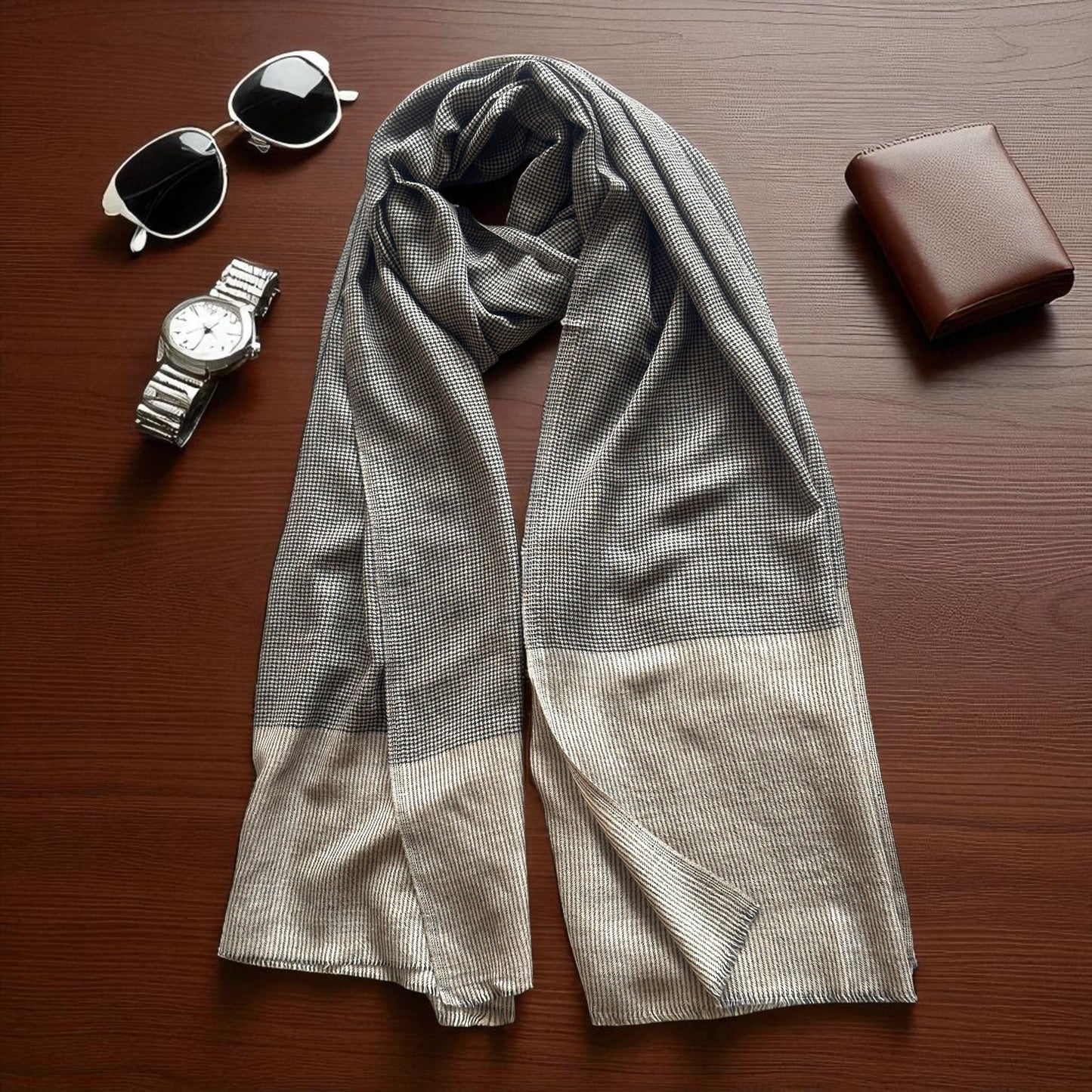CHECK fine wool blend scarf for men, beige and black colour, reversible, gift for men