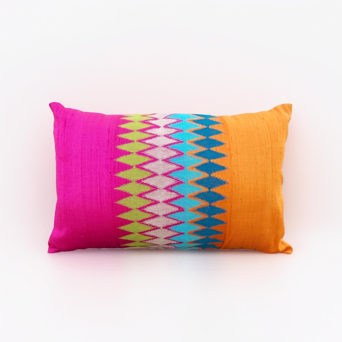 Ikat – Hot pink & orange oblong pillow cover with multicolour embroidery - Vliving