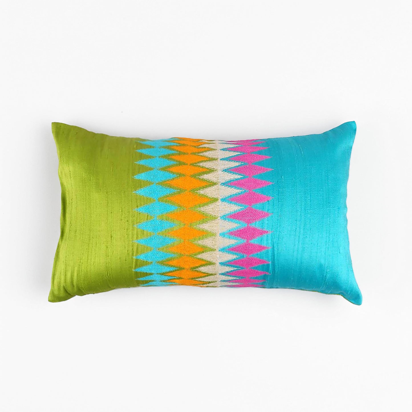 Ikat - Blue & green silk oblong pillow cover with multicolour embroidery