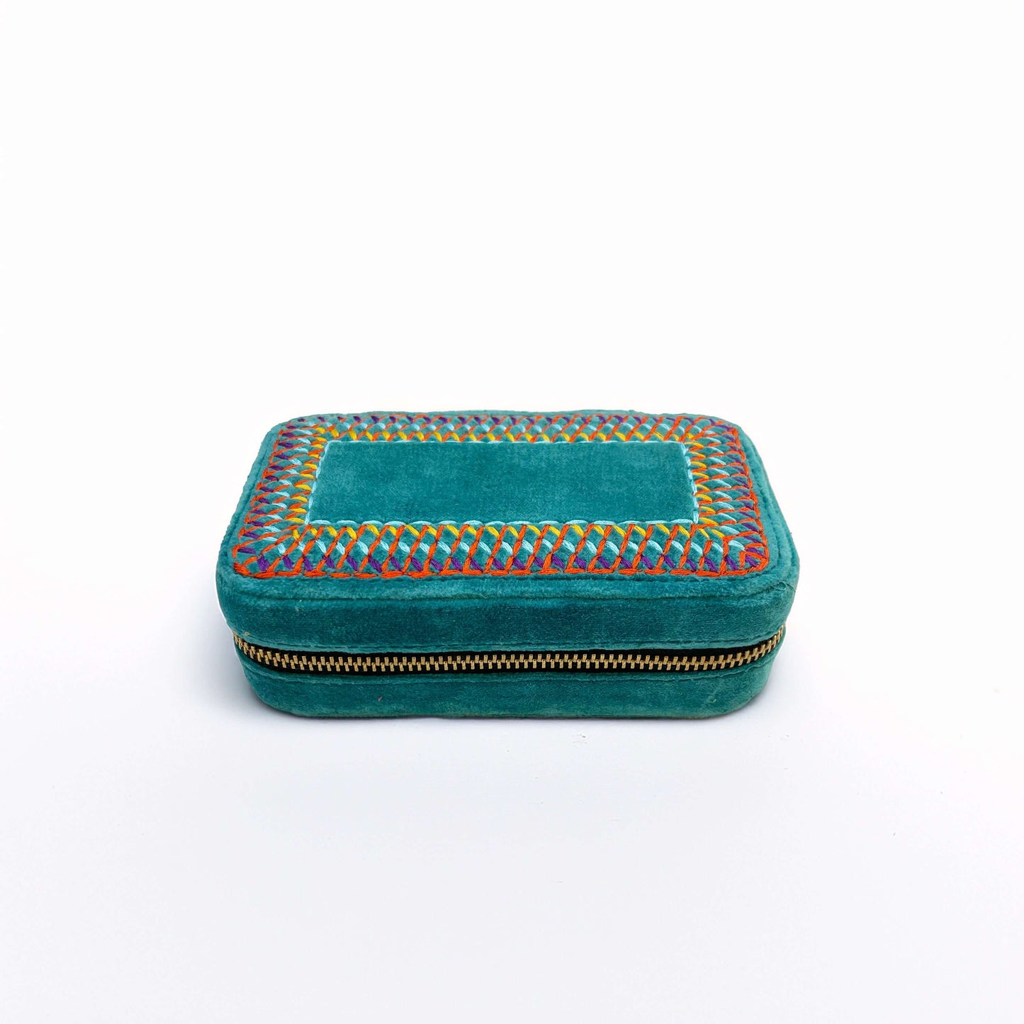 Teal Velvet Rectangular Embroidered Jewellery box
