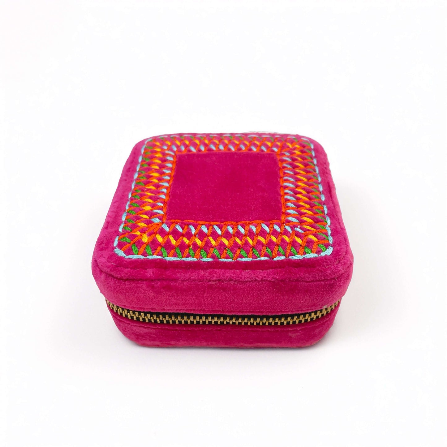 Hot Pink Velvet Square Embroidered Jewellery box