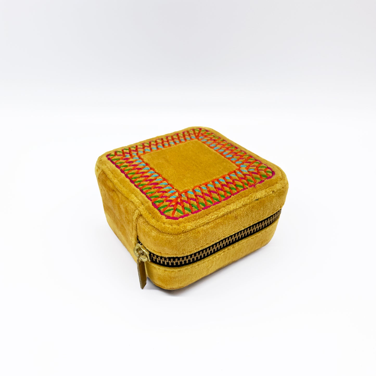 Mustard Velvet Square Embroidered Jewellery box