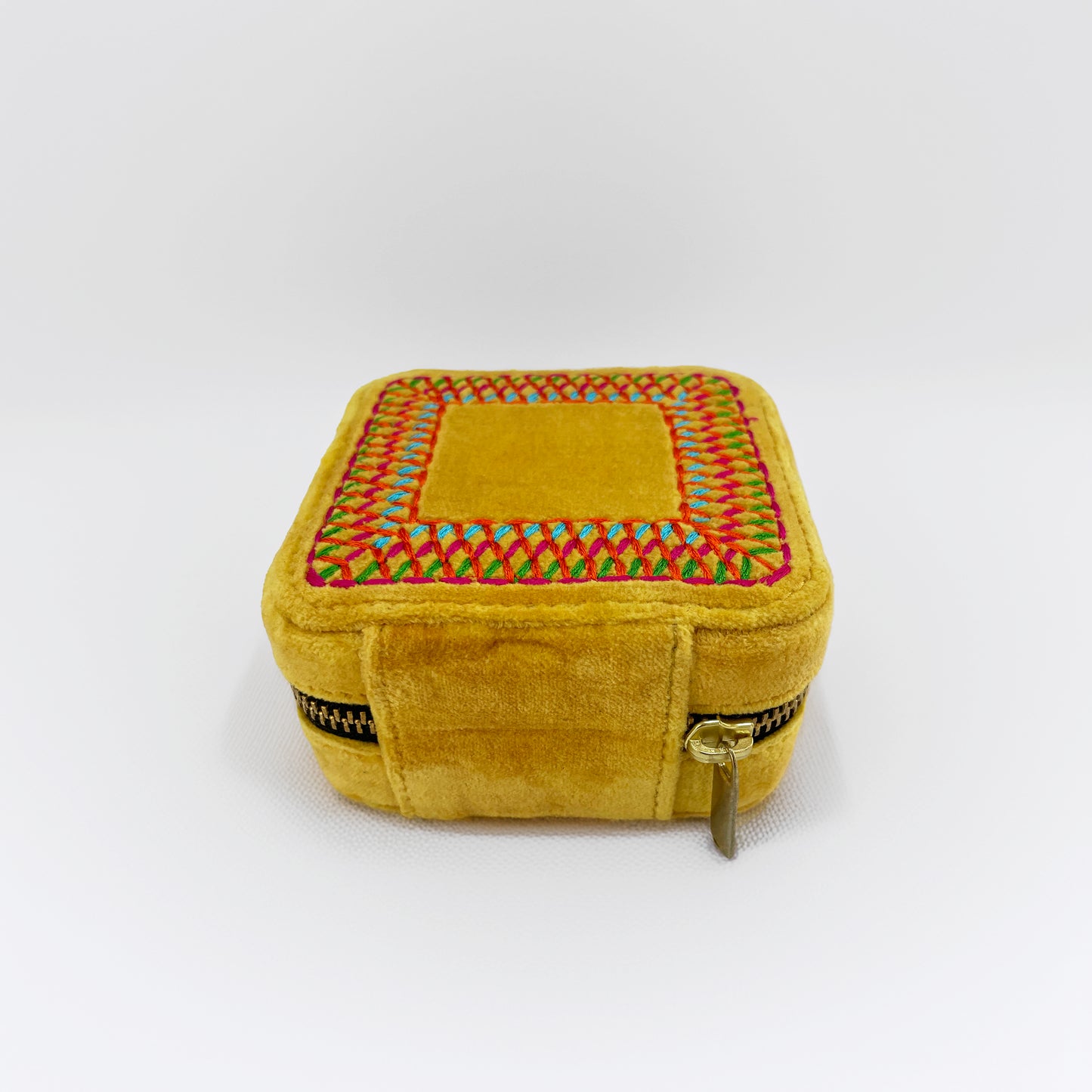 Mustard Velvet Square Embroidered Jewellery box